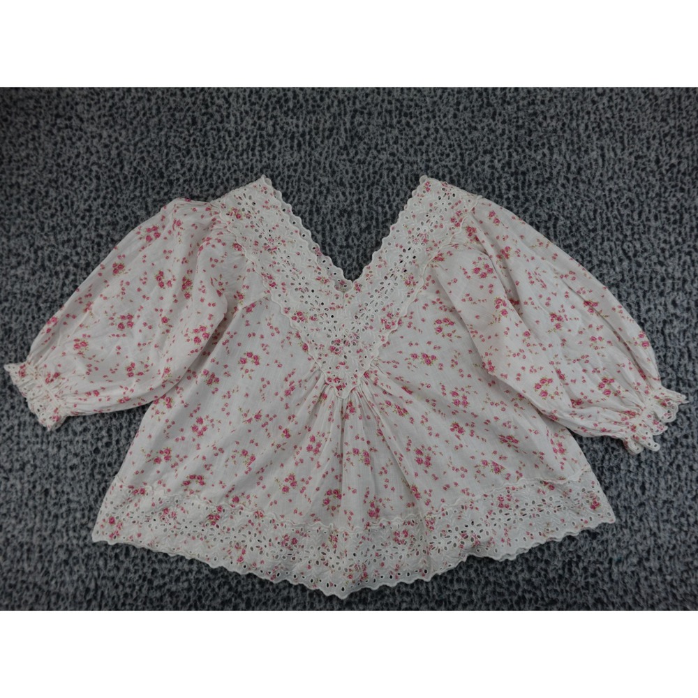 byTiMo Floral Eyelet Blouse Womens Medium White Pink V-Neck Puff‎ Sleeve Cotton